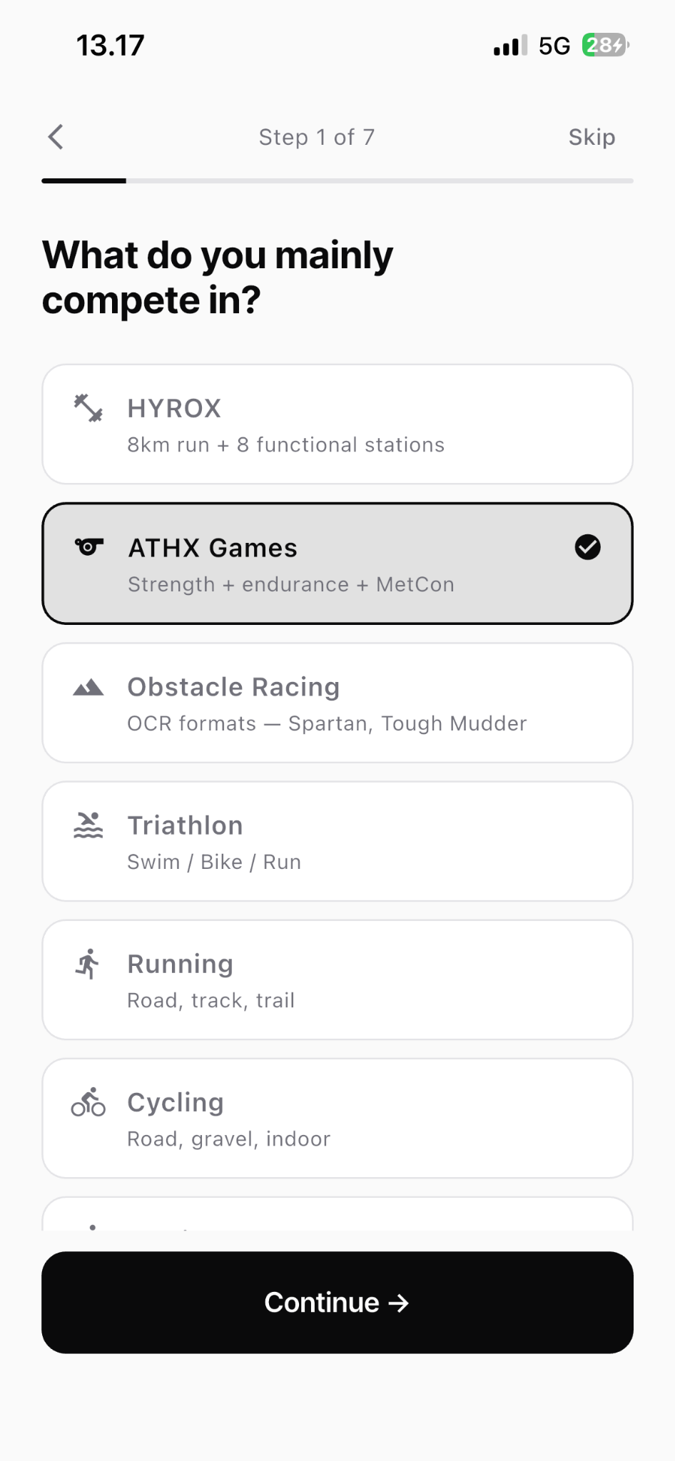 Raceform choose your sport onboarding screen